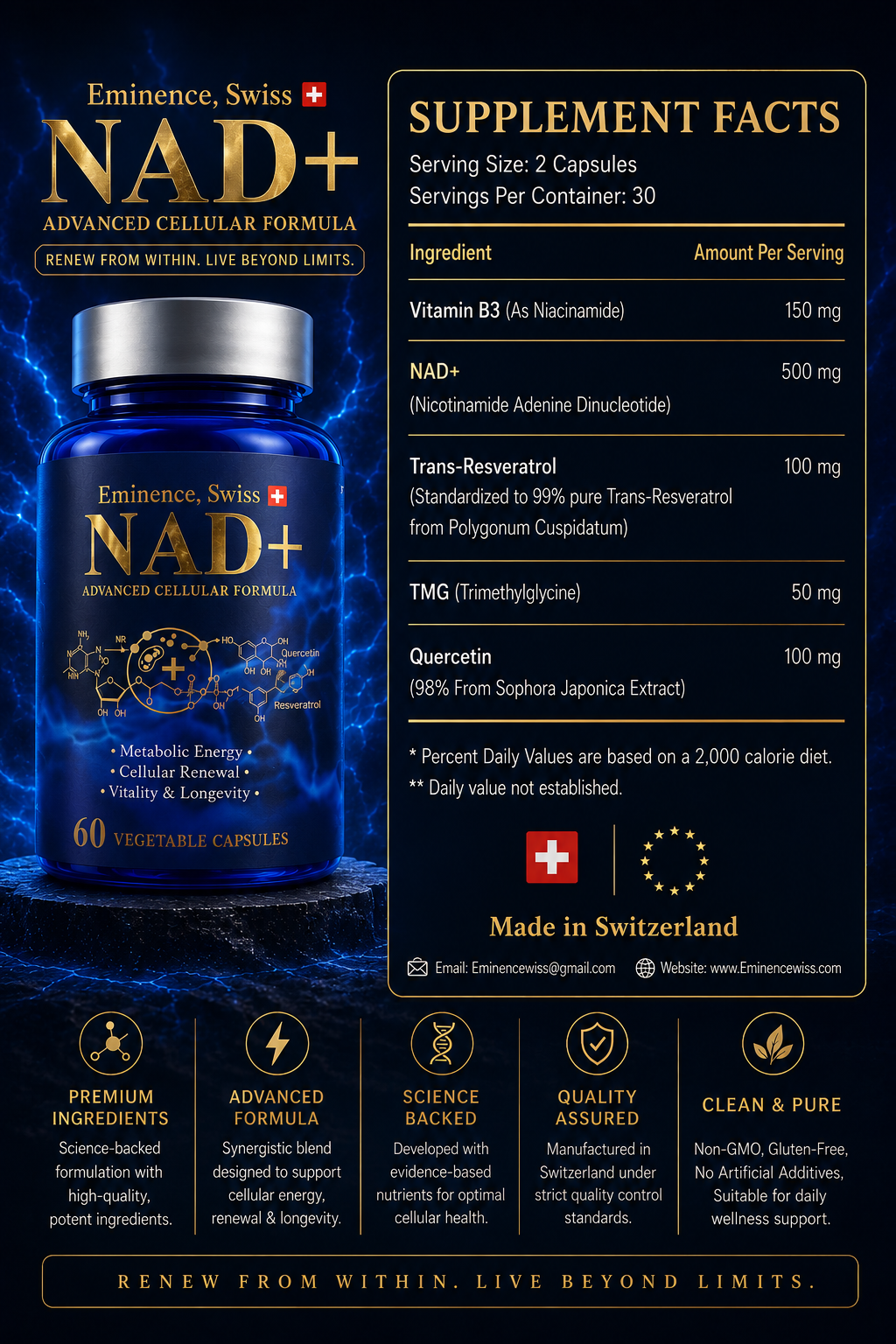 Eminence Swiss NAD+ supplement facts label